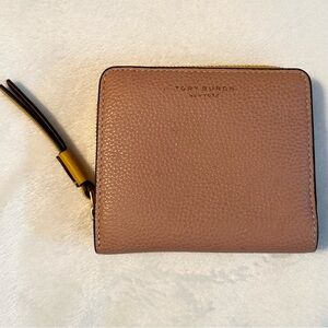 Tory Burch Perry Color Block Bifold Pebbled Leather Wallet pink yellow brown red